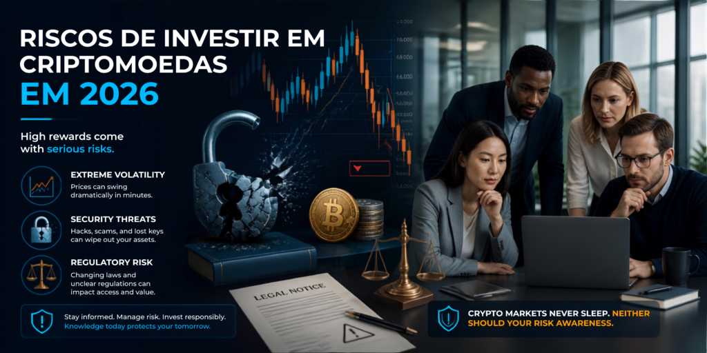 Principais riscos investimento criptomoedas volatilidade segurança regulatório 2026