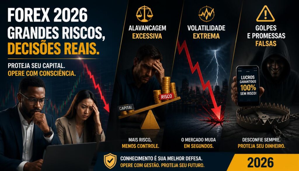 Principais riscos do forex, alavancagem, volatilidade, golpes  