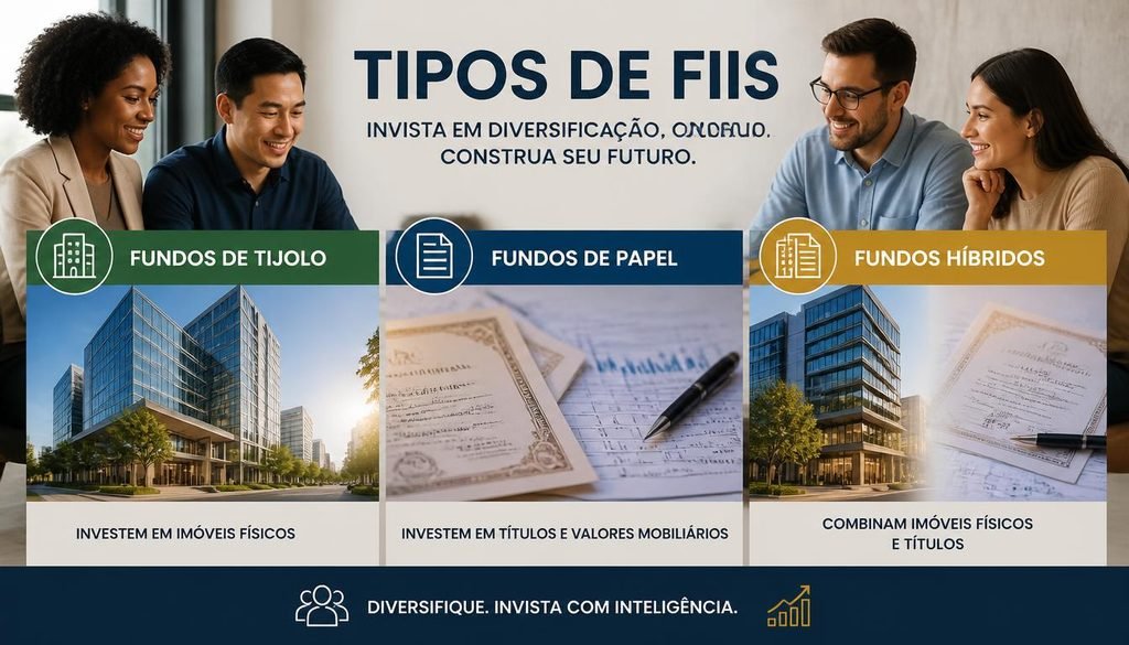tipos de FIIs, fundos de tijolo, fundos de papel, e fundos híbridos.