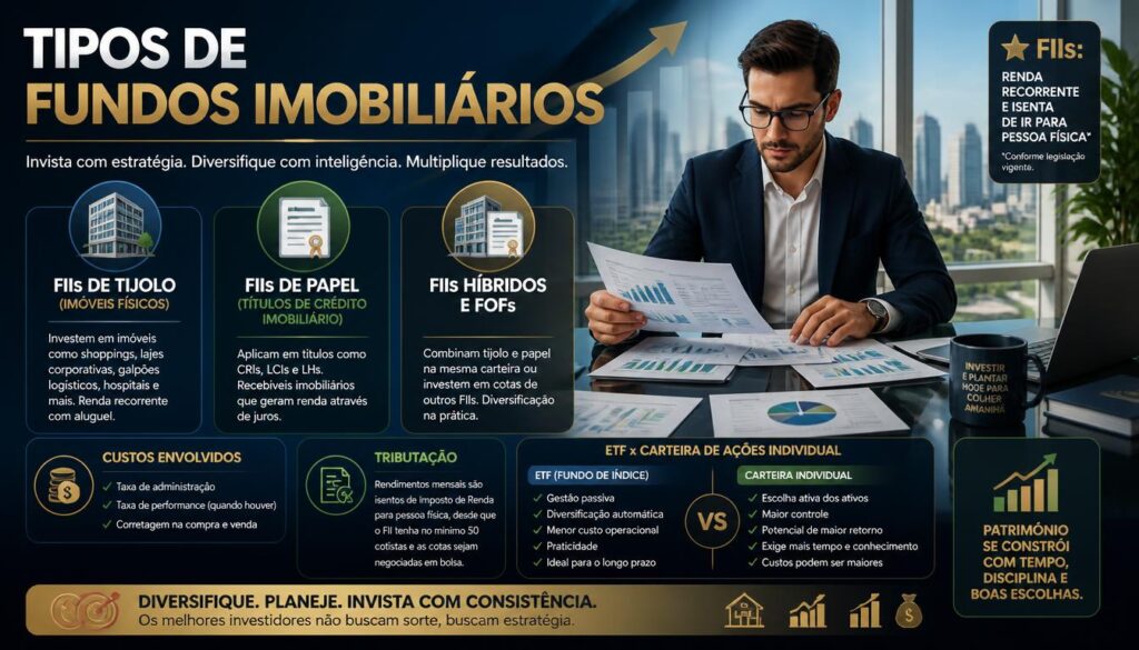 tipos de FII tijolo papel híbrido FOF como funcionam 2026