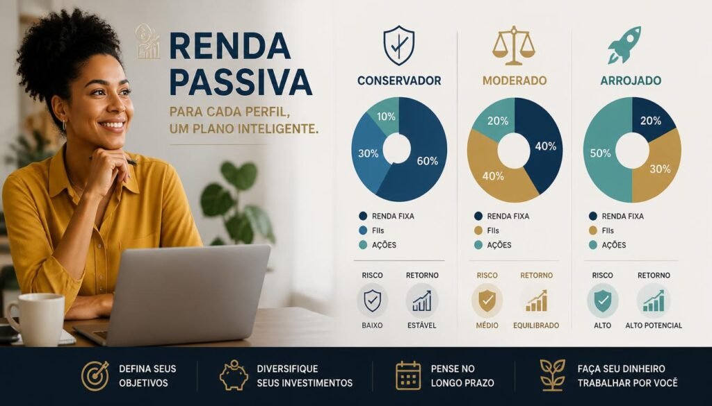 Alocação carteira renda passiva por perfil conservador, moderado ou arrojado. 